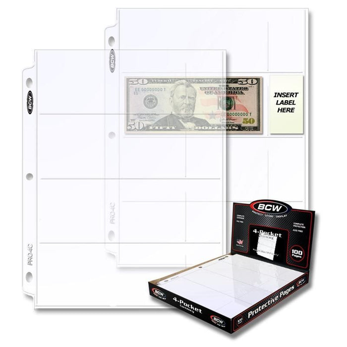 BCW 4 Pocket Currency Pages Quantity 100